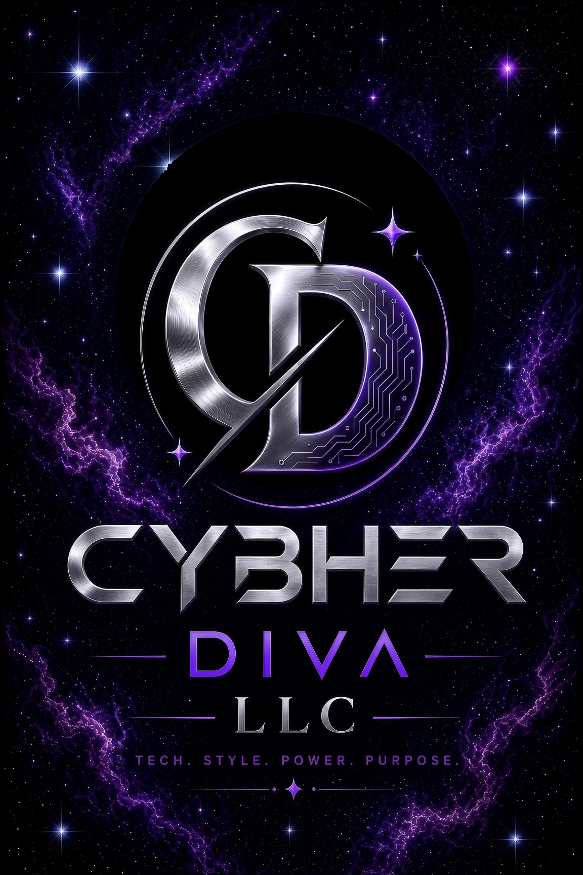 CybHer Diva logo in brushed chrome and purple light